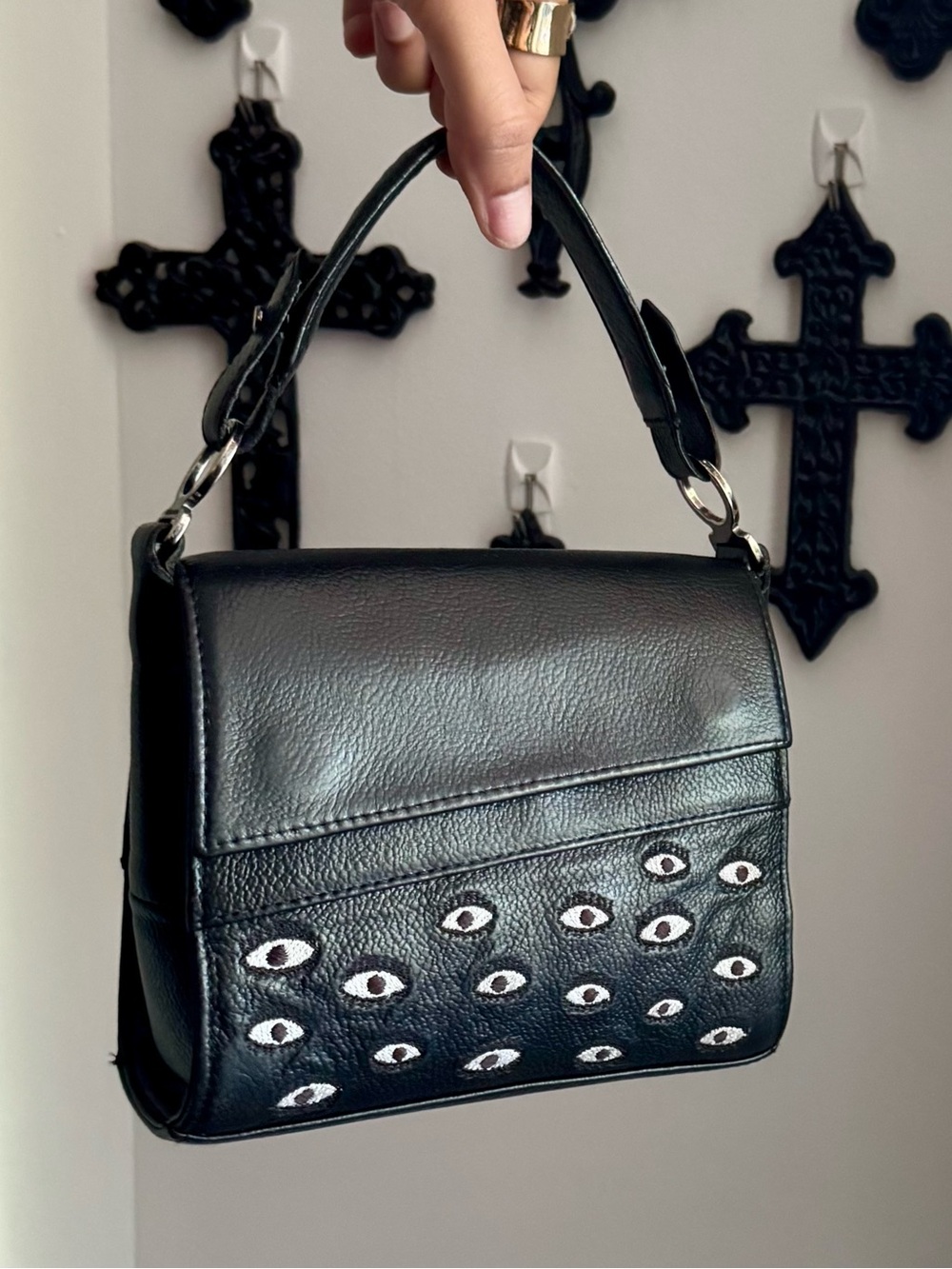 Min & Mon Mini Anastasio Black Leather all over eye-print embroidered bag